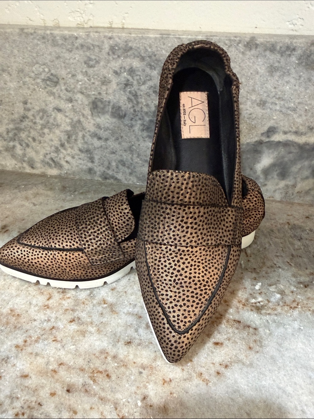 AGL Micro Pointed Toe Loafer in Black Bronze Mini Leopard Print